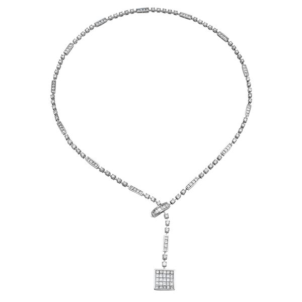 Natural 9.24 CTW Diamond & Baguette Necklace 14K White Gold - REF-985F5M