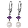 Image 1 : Genuine 5 ctw Pearl & Amethyst Earrings 14KT White Gold - REF-29M7T