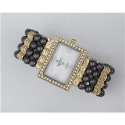 Genuine Black Pearl Bangle Watch Simulated Diamond NEW