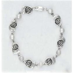 Sterling Silver Pearl Bracelet 7" Rose Links
