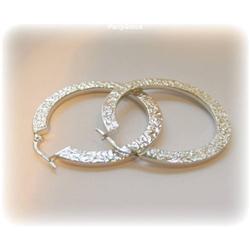 Solid White Gold Hoops 2" Earrings Textured 14K
