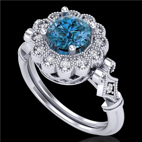 1.2 ctw Intense Blue Diamond Engagment Art Deco Ring 18k White Gold - REF-218G2W