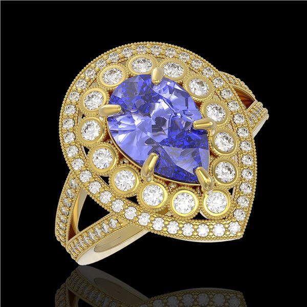 4.52 ctw Certified Tanzanite & Diamond Victorian Ring 14K Yellow Gold - REF-245M5G