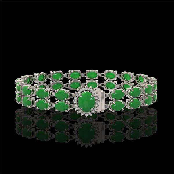 12.35 ctw Jade & Diamond Bracelet 14K White Gold - REF-209X3A