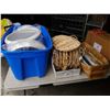 Image 1 : TOTE OF LIGHT COVERS, WICKER TRAYS AND BOX OF DOOR SLIDERS