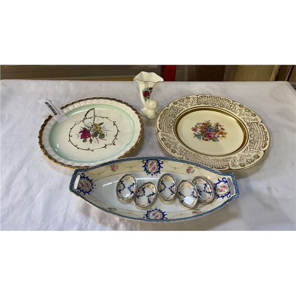 NORITAKE CHINA PLATTER WITH 5 SMALL DISHES AND CHINA PLATES AND VASE