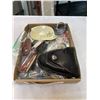 Image 1 : TRAY OF JEWELRY, STAMPS, CARLTON WARE PLATES, LEATHER HANDCUFF CASE