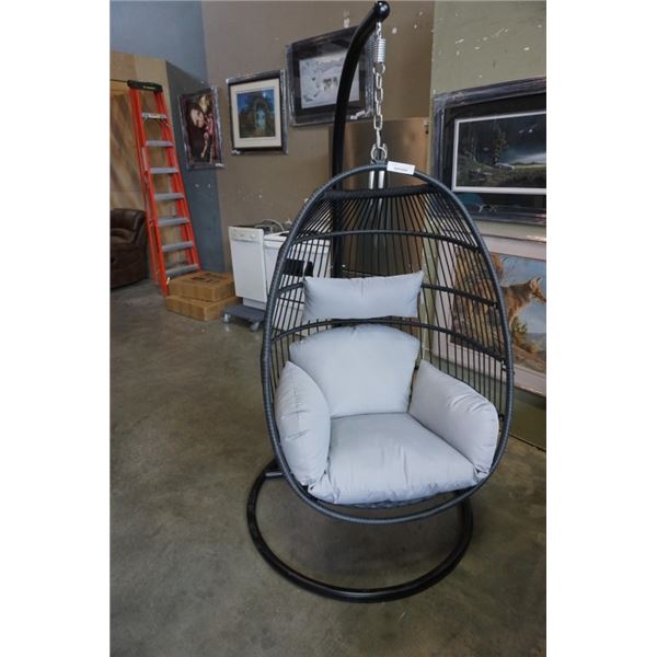 BRAND NEW GREY SINGLE HANGING EGG CHAIR - RETAIL $949 W/ NECK PILLOW, FOLDABLE FRAME, POWDER COATED 