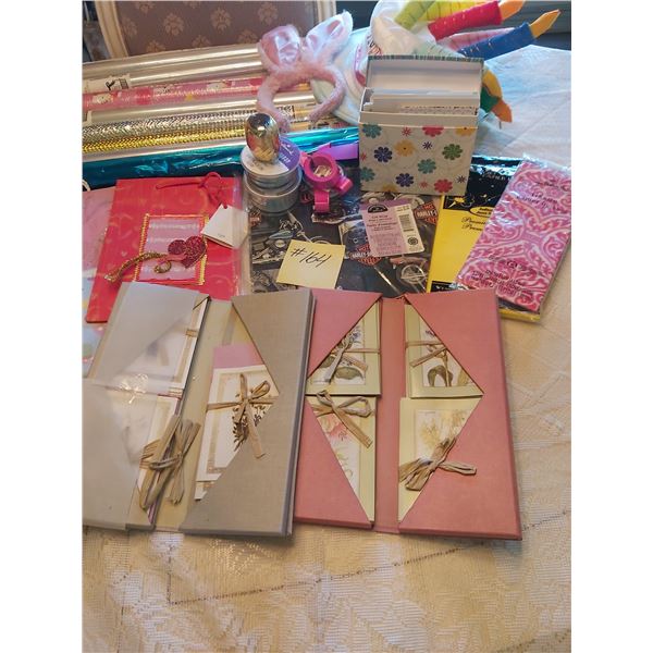 Assorted Gift wrap, bags, ribbon, cards + hats