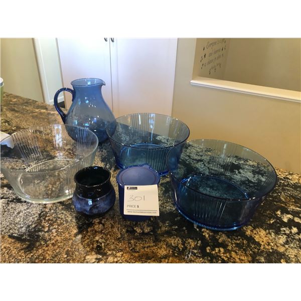 Blue Glass Bowls with Pitcher x6