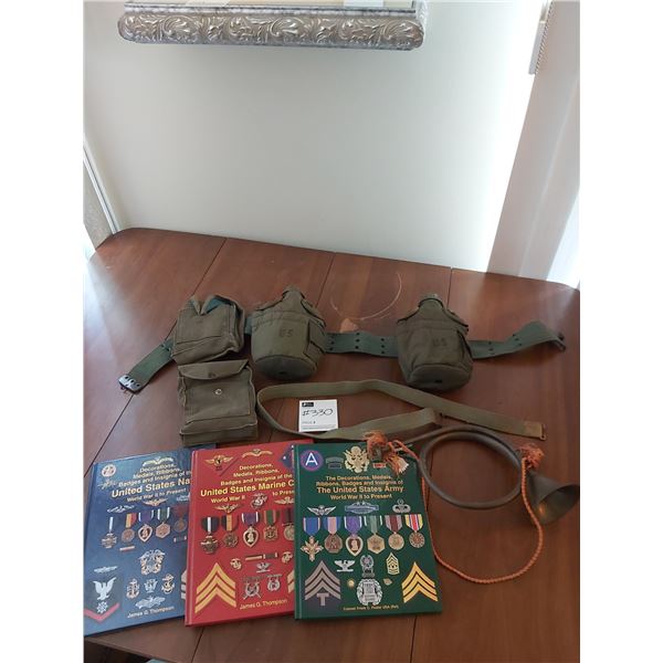 Army Canteen Belt, 3 Medal Books & a Bugel