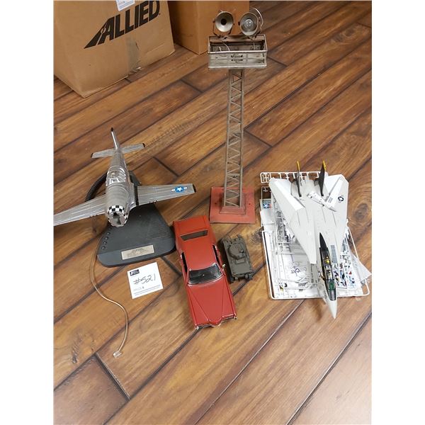 5 Models. P-51 Mustang Model Phone. - 1957 Red Grand Prix. - Floodlight Tower. - Tank. - VF-84 USS N