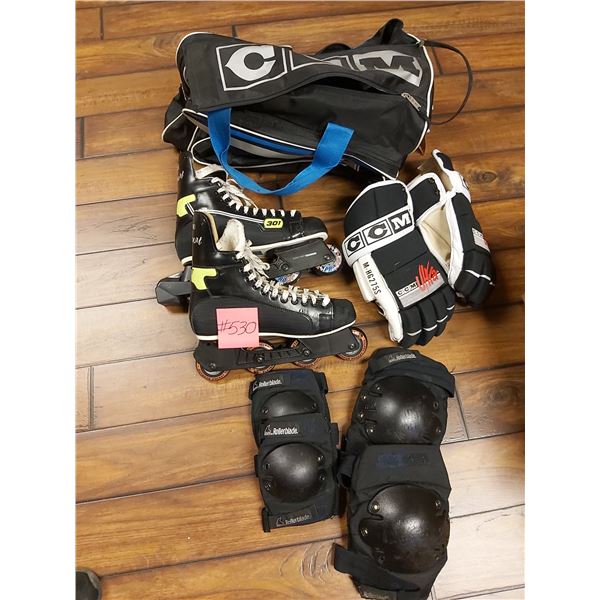 301 Men's Rollerblades size 11.5. With Knee Pads & Elbow Pads. CCM Hockey Gloves & CCM Hockey Bag.