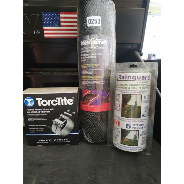 Mastercraft Drawer Liner - Self Retracting Downspout Extension - Torctite Exhaust Clamp