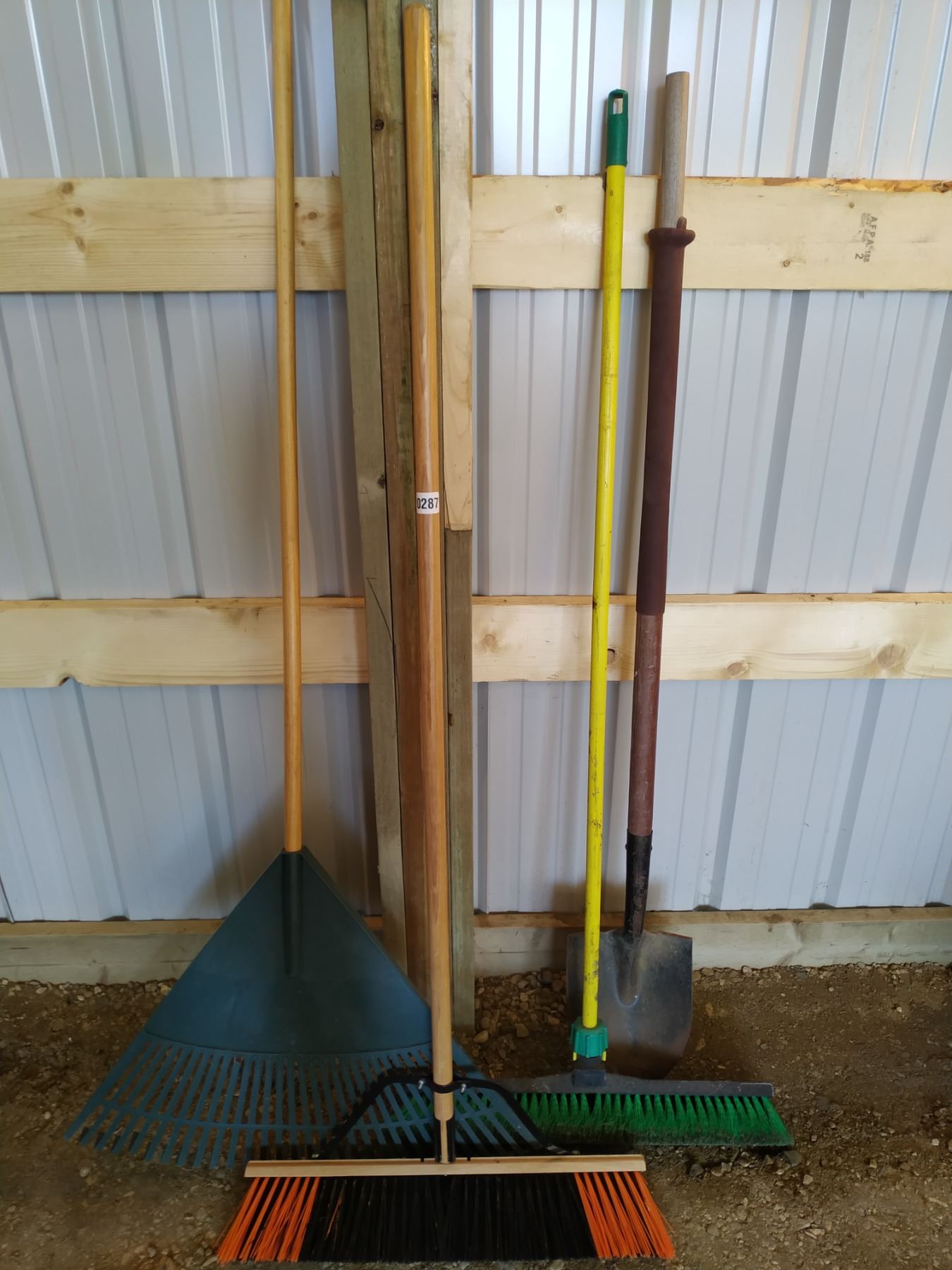 Two Push brooms Spade plastic rake