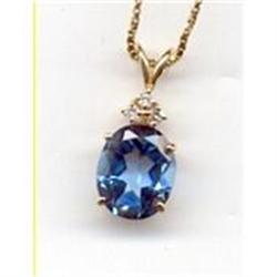 14K Gold  Blue Topaz & 3 diamond Pendant &Chain#1733492
