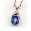 14K Gold  Blue Topaz & 3 diamond Pendant &Chain#1733492