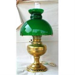 BRASS Oil LAMP Green CASED Shade ANTIQUE #1780021