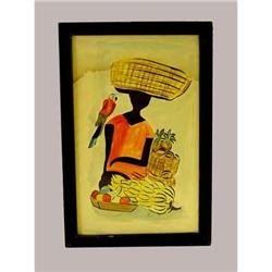 Original Watercolor Jamaican woman fruit parrot#1780451