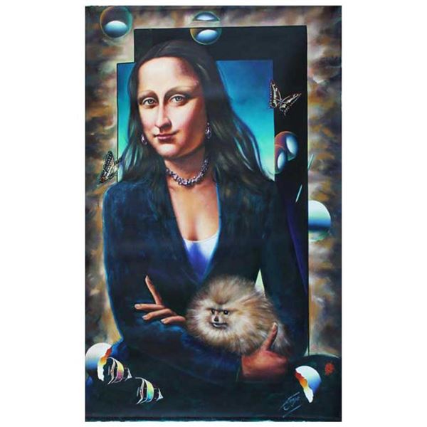 Ferjo, "Mona Lisa with Dog" Original Painting on Canvas, Hand Signed with Letter of Authenticity.