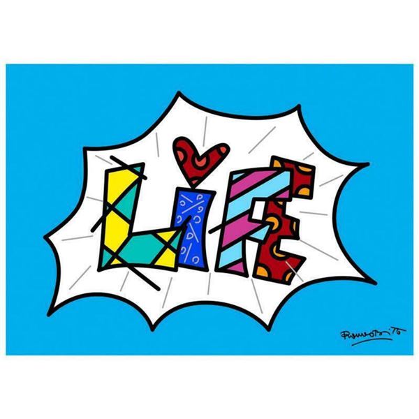 Romero Britto "Life Blue Mini Word" Hand Signed Giclee on Canvas; Authenticated