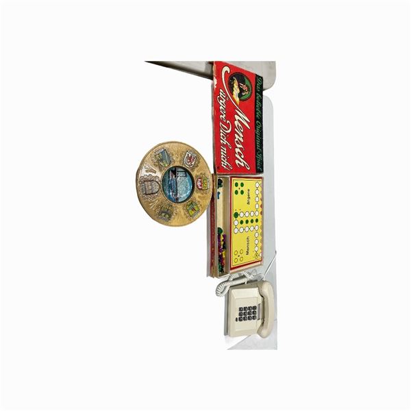 German board game, German wood plate and vintage phone