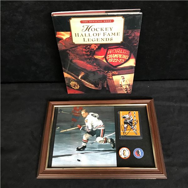 BOBBY HULL CUSTOM FRAMED PHOTO W/AUTOGRAPHED CARD & HOCKEY HALL OF FAME HARDCOVER BOOK