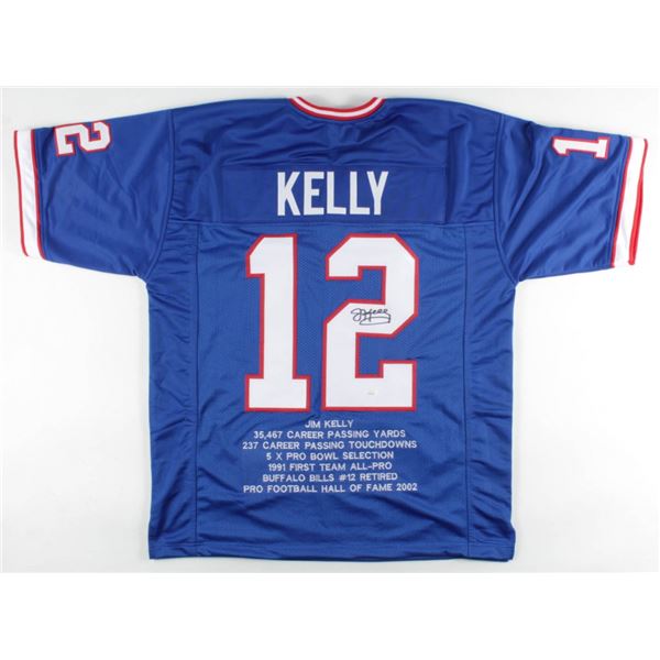 JIM KELLY AUTOGRAPHED BILLS PRO STYLE JERSEY W/CAREER STATS (JSA COA)