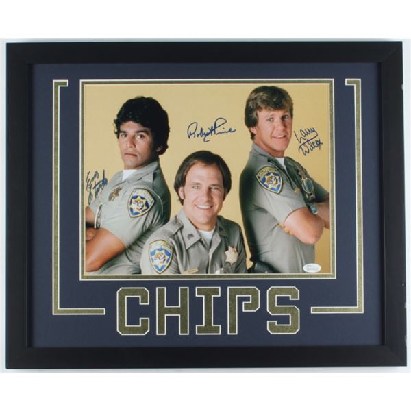 ERIK ESTRADA, ROBERT PINE & LARRY WILCOX SIGNED CHIPS 18X22 CUSTOM FRAMED PHOTO (JSA COA)