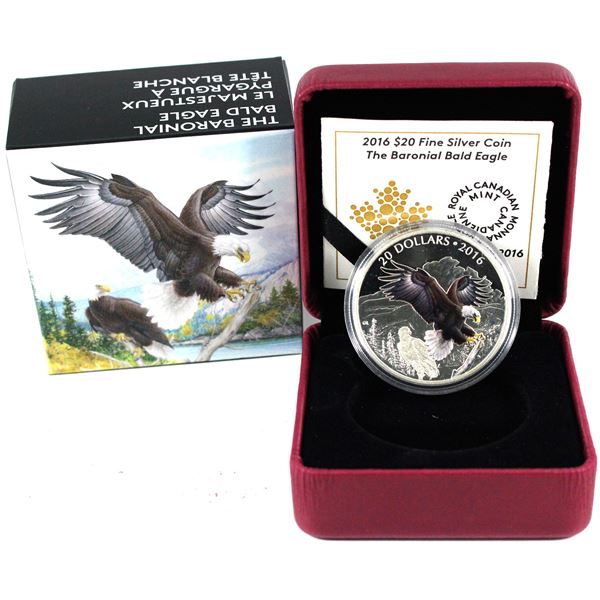 2016 Canada $20 Majestic Animals - Baronial Bald Eagle Fine Silver Coin (Capsule lightly scratched).