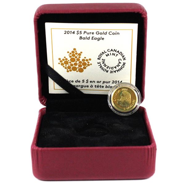 2014 Canada $5 Bald Eagle Fine Gold Coin Encapsulated in Red RCM Display Box with COA. (TAX Exempt)