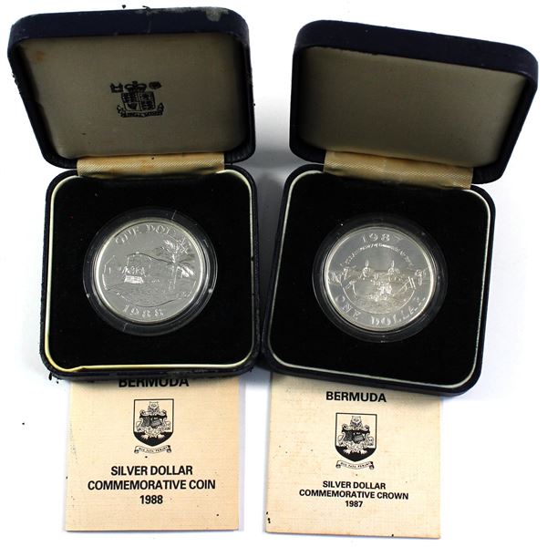 1987 & 1988 Bermuda Silver Dollar Commemorative Crowns in Original Blue Display Boxes and COAs (1988