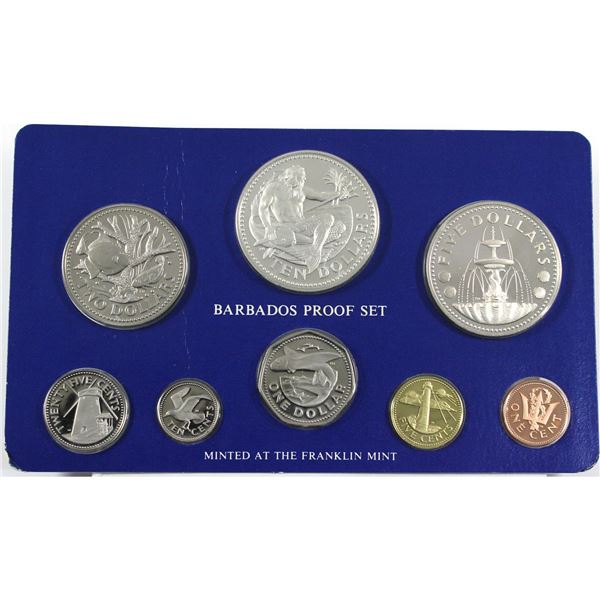 1975 Barbados 8-coin Proof Set in Cardboard Holder from the Franklin Mint. Contains 1.927oz fine sil