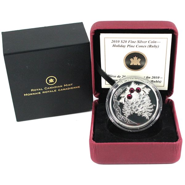 2010 Canada $20 Ruby Crystal Pinecone Fine Silver Coin.