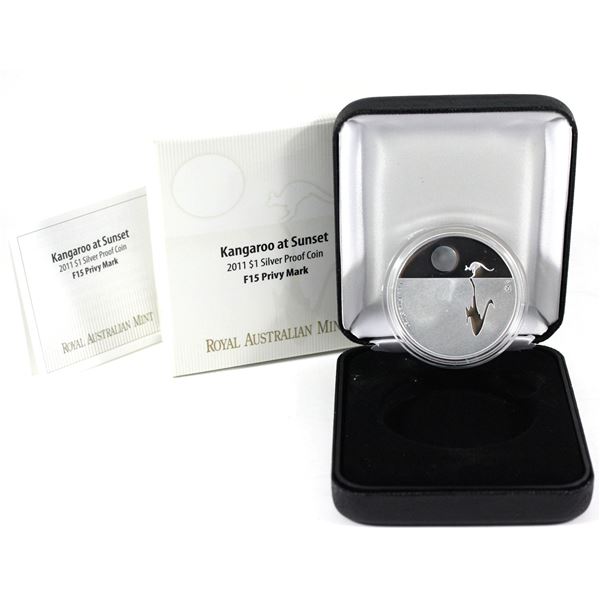 2011 Australia $1 Kangaroo At Sunset F15 Privy Mark 1oz Proof Fine Silver Coin. (TAX Exempt)