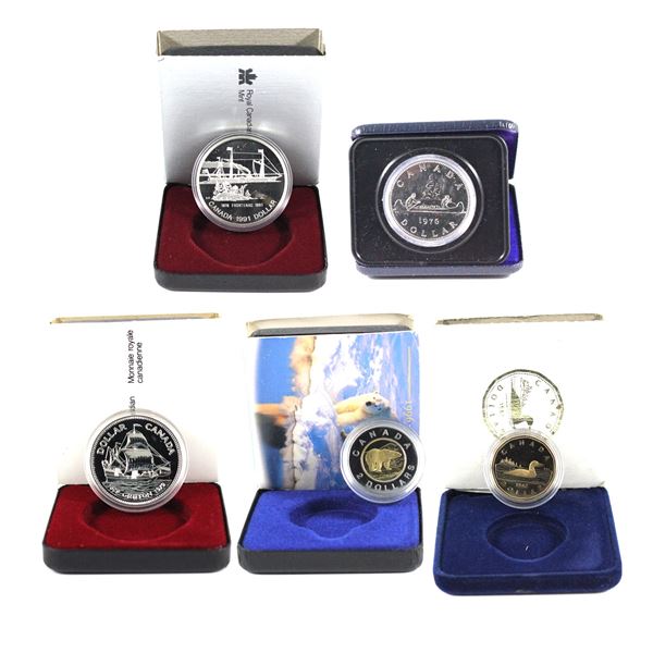 Lot of 5x Canada Dollar & Two Dollars: 1976 Nickel Dollar, 1979 Proof Dollar , 1991 Proof Dollar, 19