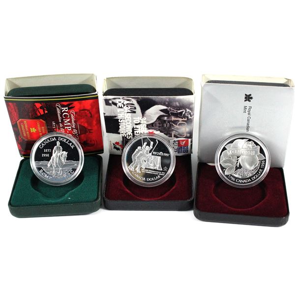 1996,1997  & 1998 Canada commemorative proof silver dollars. Coins come with all original mint packa