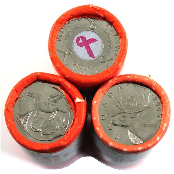 2005 Caribou, 2005P Saskatchewan & 2006 Special Wrapped Pink Ribbon 25-cent Original Rolls. 3 rolls