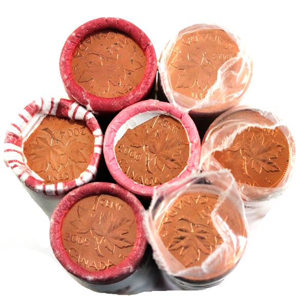 *2000-2006 Canada original wrapped 1-cent roll of  50pcs. Dates include: 2000, 2001 No P, 2002 P OE,