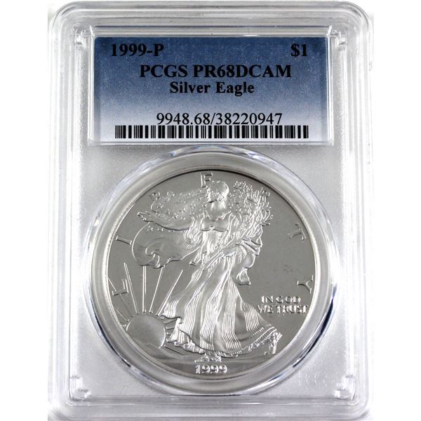 1999-P United States 1oz .999 Fine Silver Proof Eagle PCGS Certified PR-68; Deep Cameo (Tax Exempt)