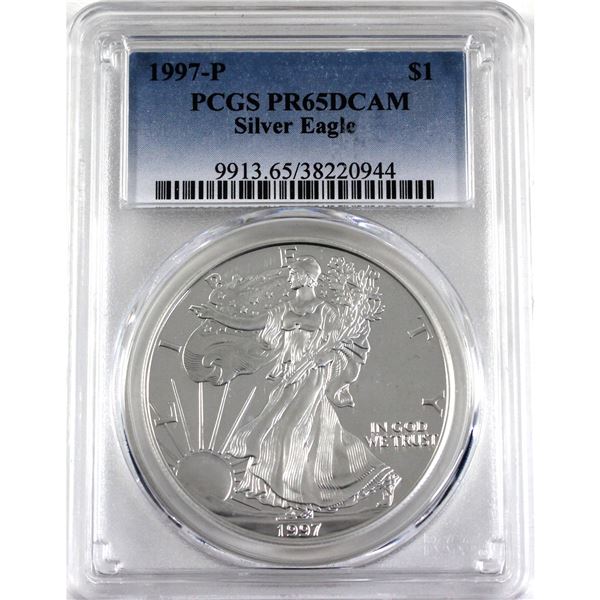 1997-P United States 1oz .999 Fine Silver Proof Eagle PCGS Certified PR-65; Deep Cameo (Tax Exempt)