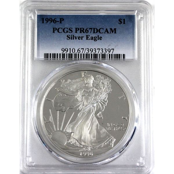 1996-P United States 1oz .999 Fine Silver Proof Eagle PCGS Certified PR-67; Deep Cameo (Tax Exempt)