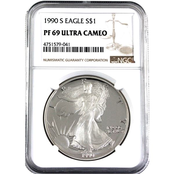 1990-S United States 1oz .999 Fine Silver Eagle NGC Certified PR-69; Ultra Cameo.(Tax Exempt)