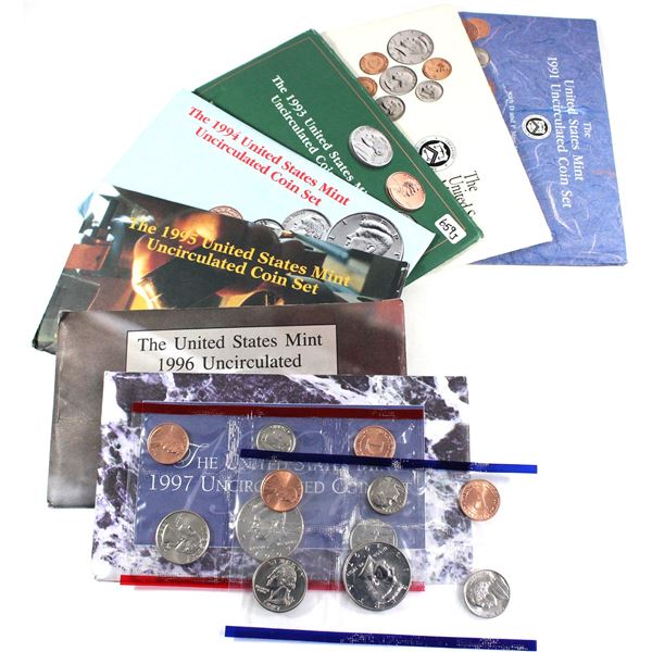 1991-1997 USA P& D Uncirculated Mint set. Coins come in the original mint envelopes, envelopes conta