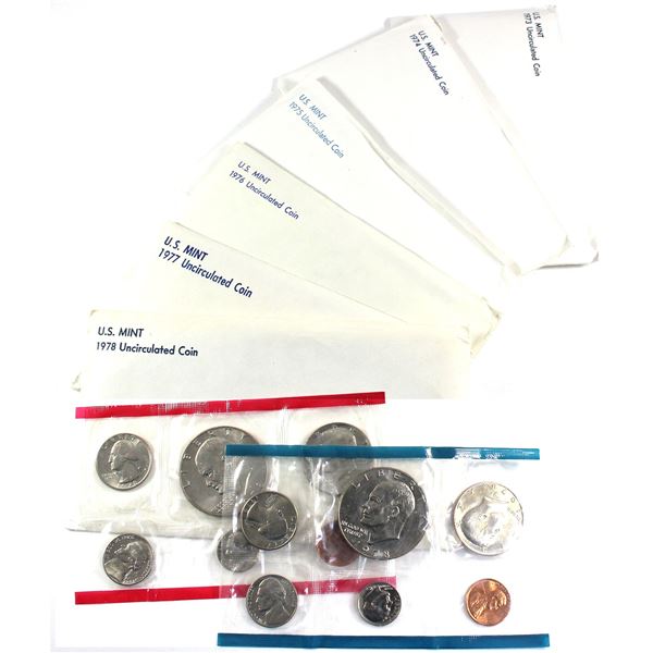 1973, 1974, 1975, 1976, 1977 & 1978 USA P& D Uncirculated Mint set. Coins come in the original mint 