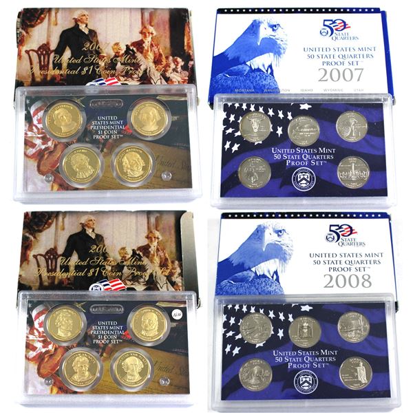 2007 & 2008 Presidential Dollar Proof set & 50 State quarter proof set. 4 sets