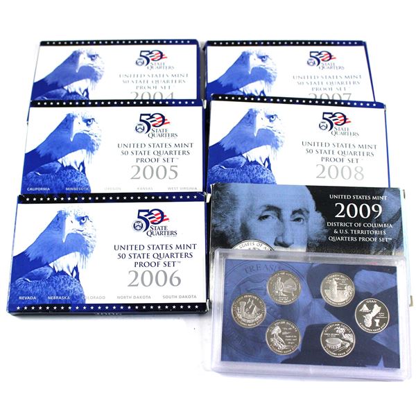 2004,2005,2006,2007,2008  & 2009 USA mint 50 quarters proof 5-coin sets. 6 sets