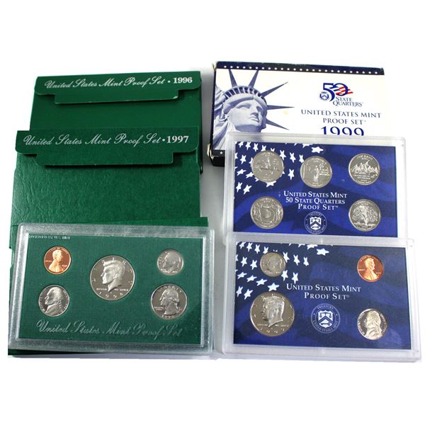 1996, 1997, 1998 & 1999 United States Proof sets with original box and COA. 4 sets