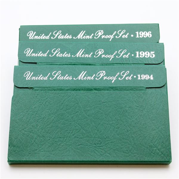 1994,1995 & 1996 United States Proof sets with original box and COA. 3 sets