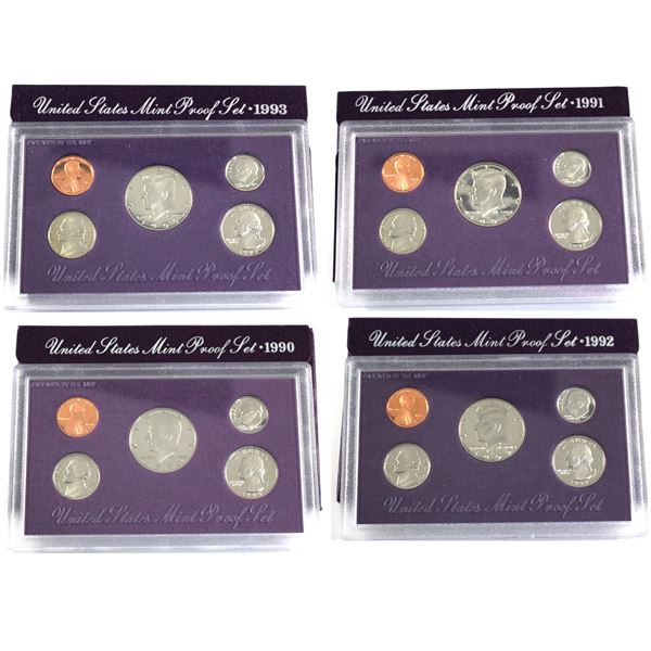 1990,1991,1992 & 1993 United States Proof set with original box and  COA. 4pcs